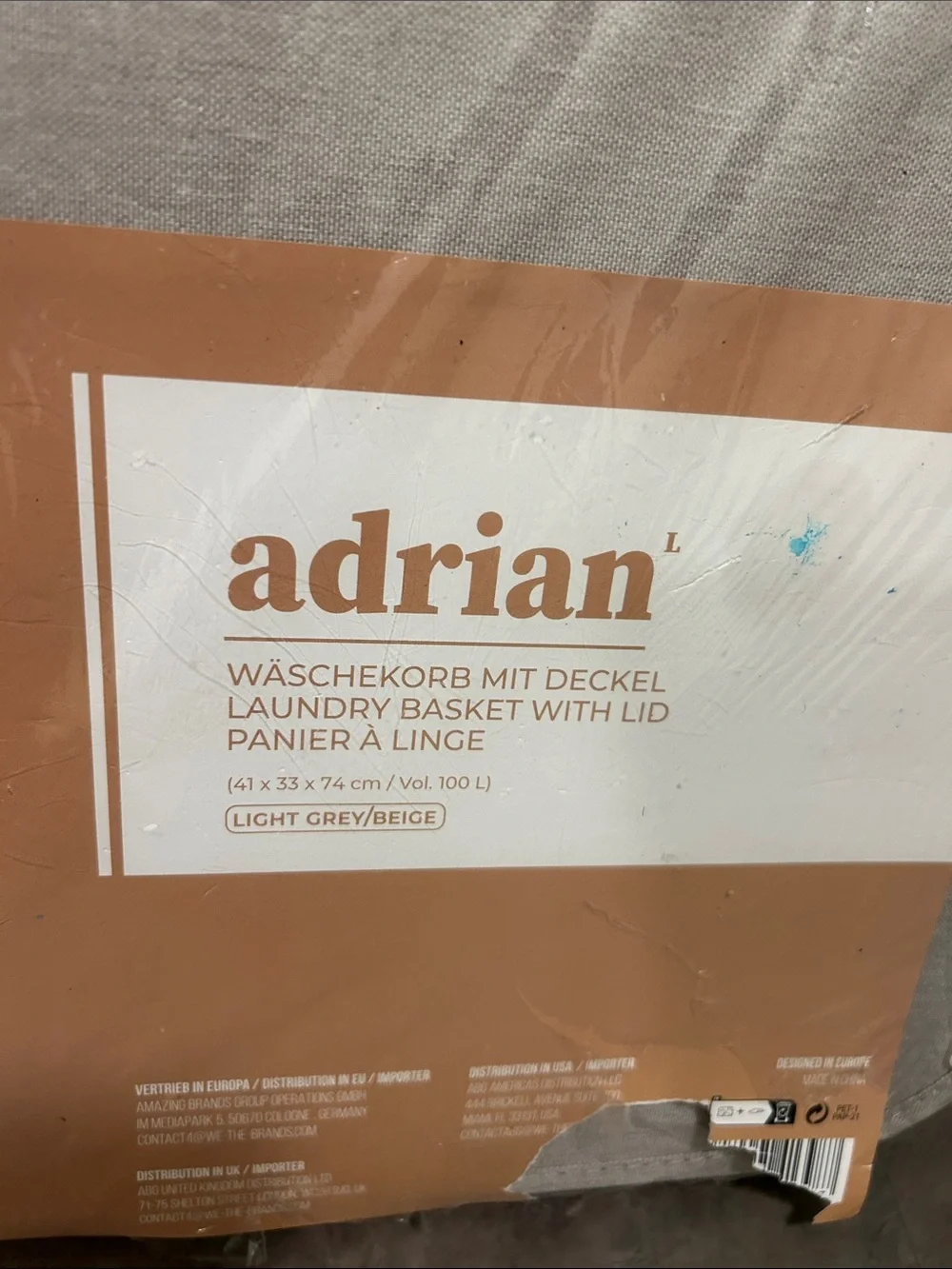ADRIAN Cloth Fabric Light Gray Laundry Basket & Lid BRAND NEW FACTORY SEALED